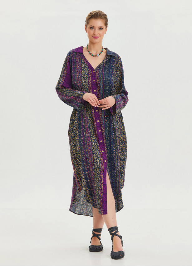 P Shirt Collar Belt Detailed Purple Patterned Long Sleeve Dress 4449